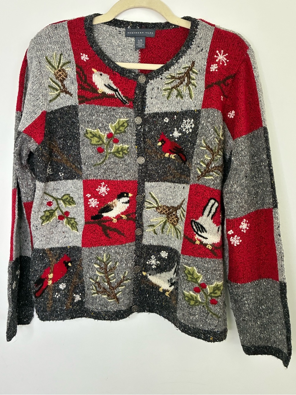 Vintage Northern Isles Bird Patchwork Cardigan Sweater Winter Snowy Trees Large